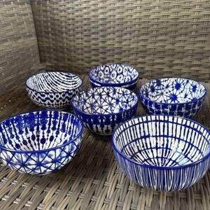 Set of 6 Signature Housewares Bowls Cobalt Blue/White Tie-Dye Printed Stoneware